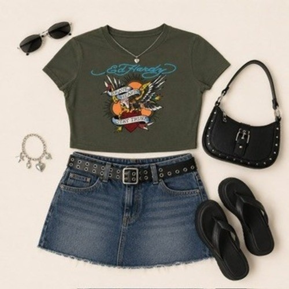 Ed Hardy‎ Brave Hearts Stay True Rhinestone Olive Green Crop Top